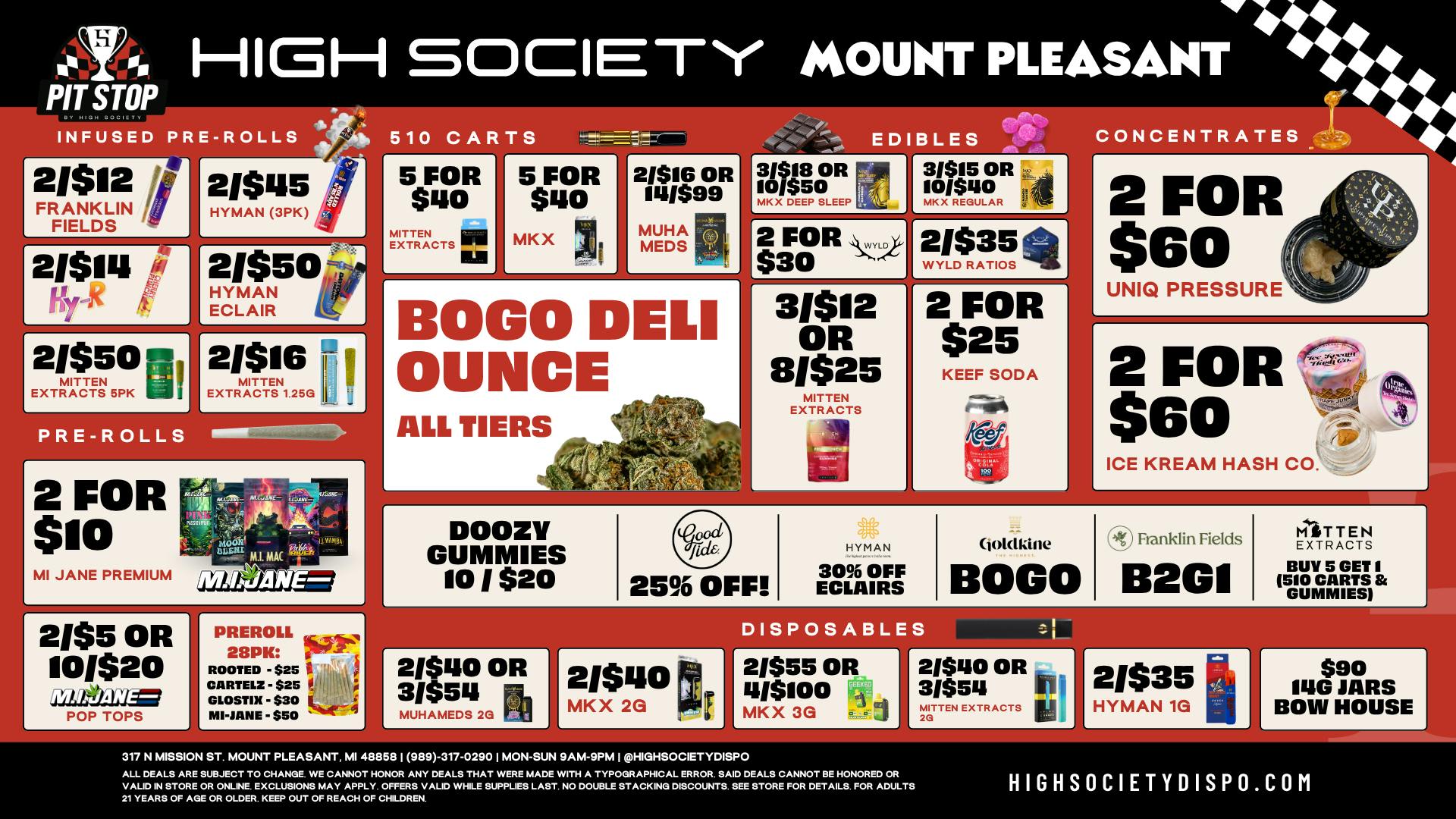 High Society Mount Pleasant Special Promos!! & BOGO Deli Oz!!