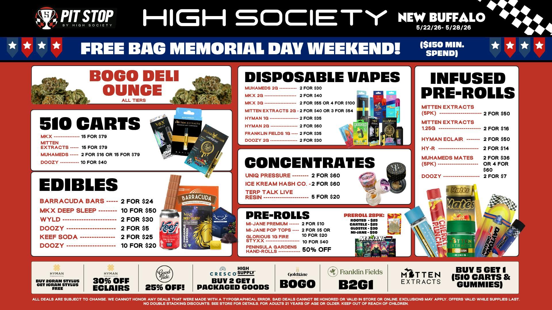 High Society MEMORIAL DAY WEEKEND SPECIALS!