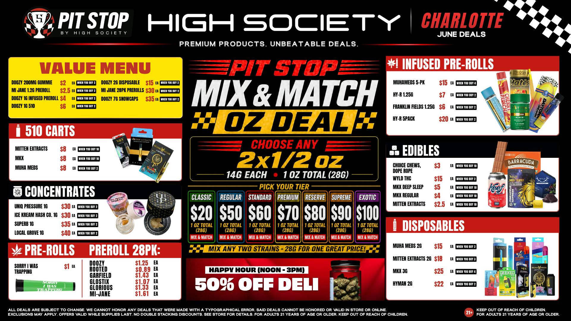High Society Charlotte MIX & MATCH OZ DEAL! VALUE MENU!