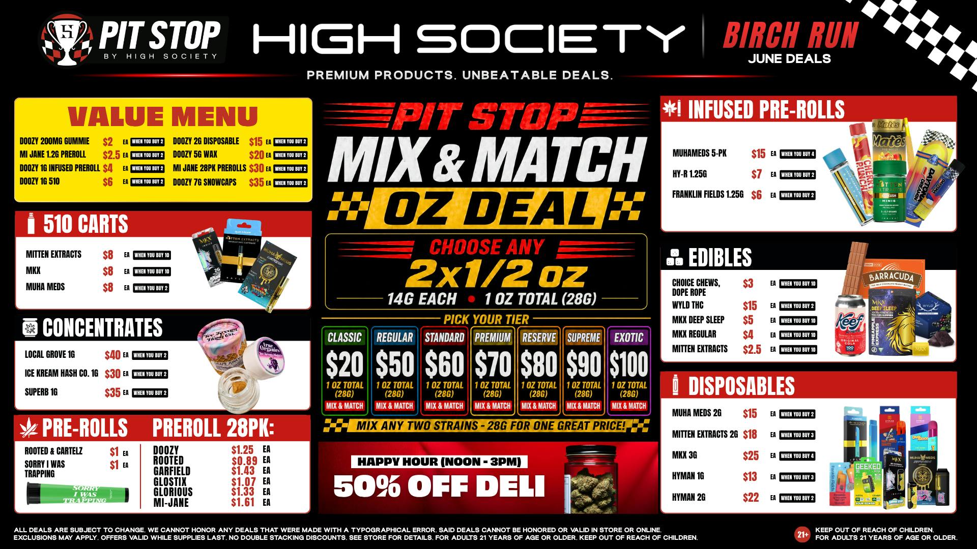 High Society Weed Dispensary Outer Birch Run MIX & MATCH OZ DEAL! VALUE MENU!