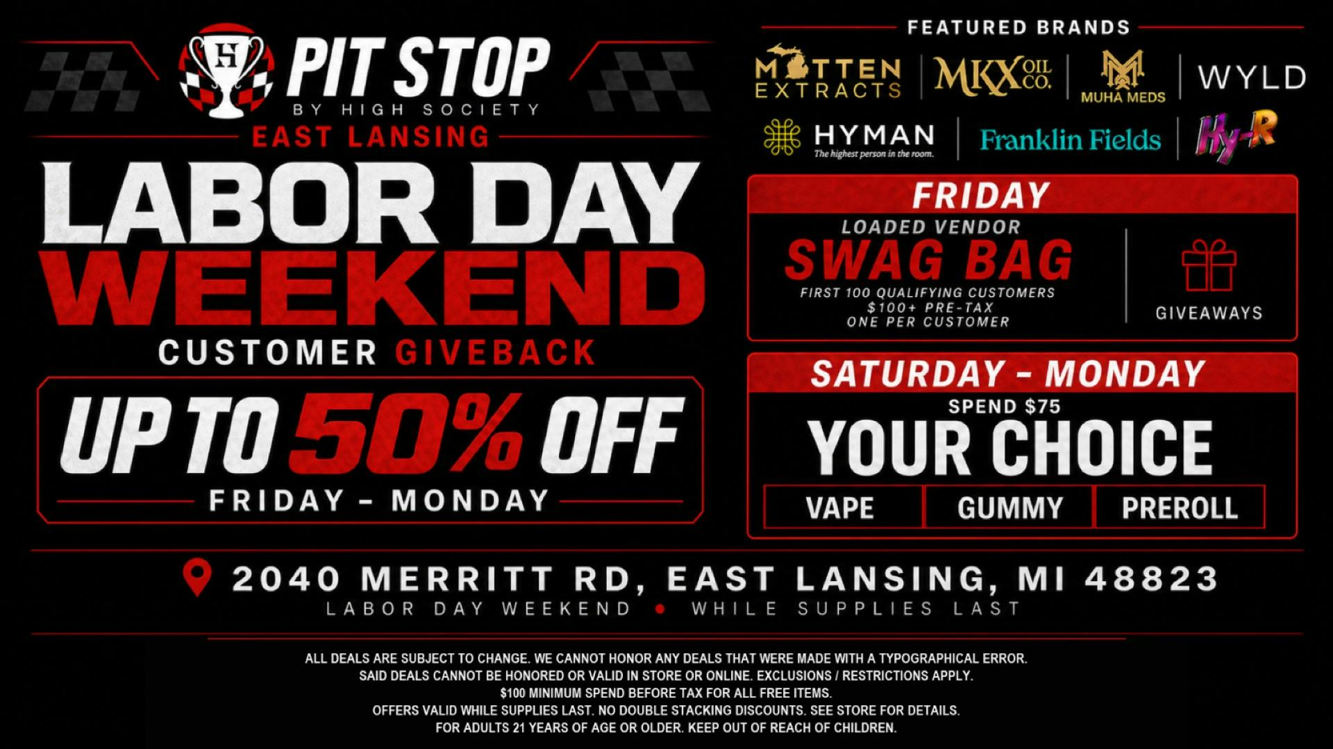 High Society East Lansing - NOW OPEN UP TO 50% OFF! LABOR DAY WEEKEND DEALS!