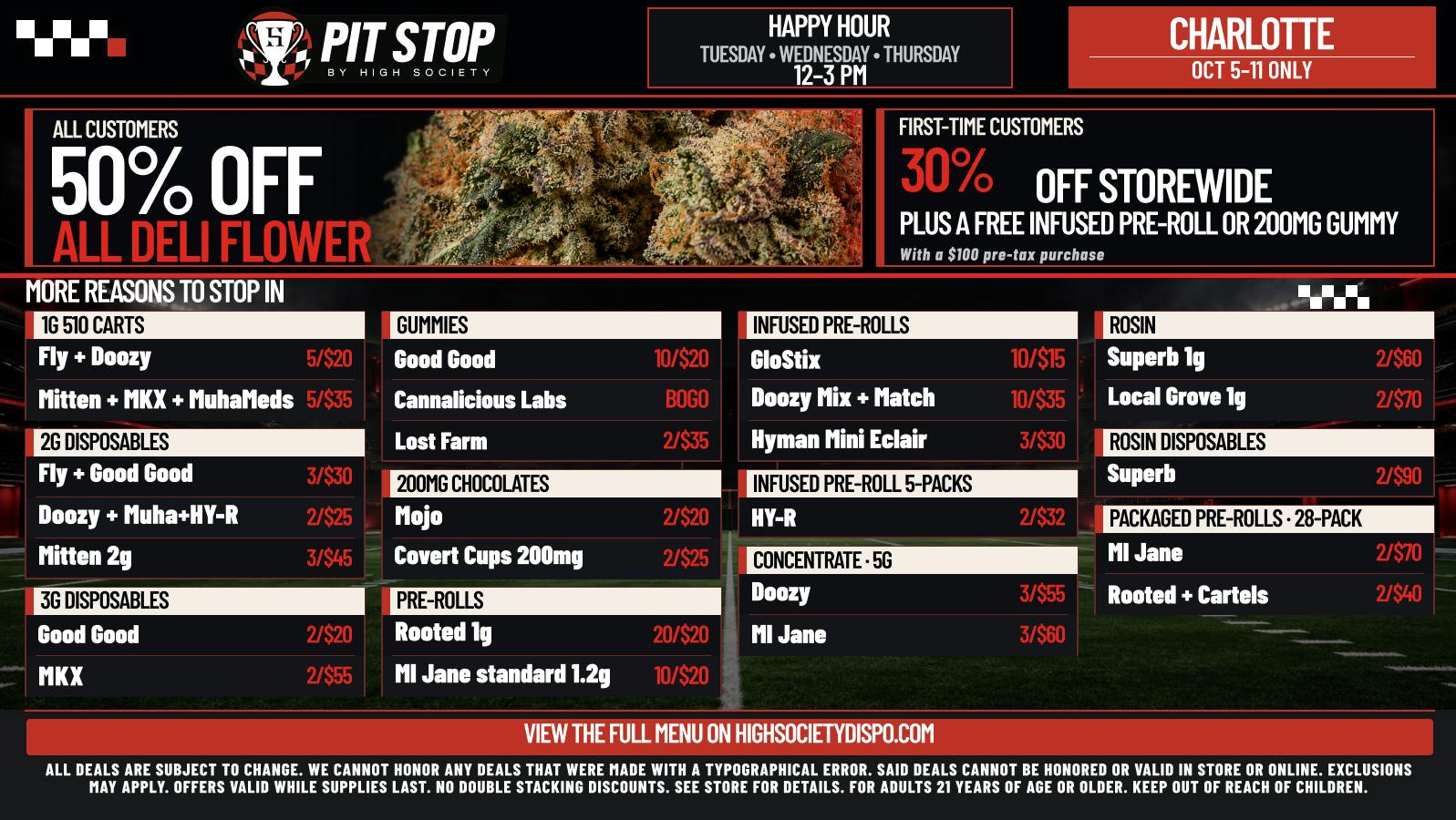 High Society Charlotte 50% OFF DELI FLOWER! WEEKLY DEALS!
