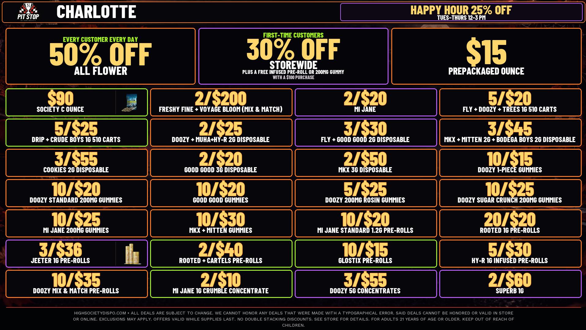 High Society Charlotte 50% OFF DELI FLOWER! WEEKLY DEALS!