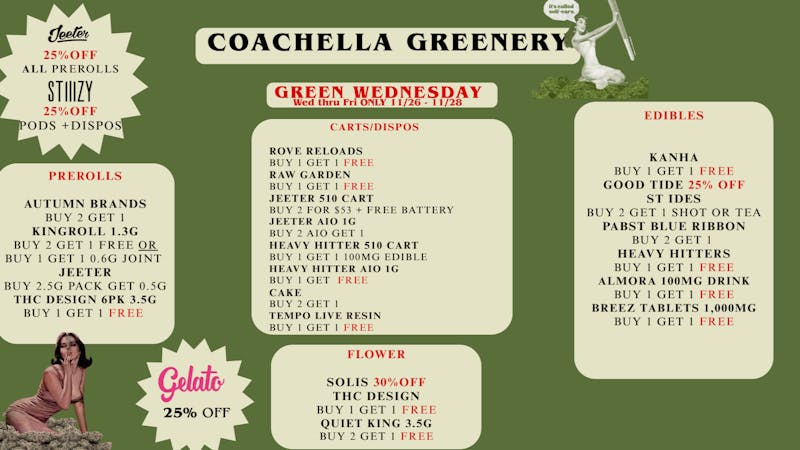 Coachella Greenery Green Wednesday Deals! Valid 11/26 -11/28