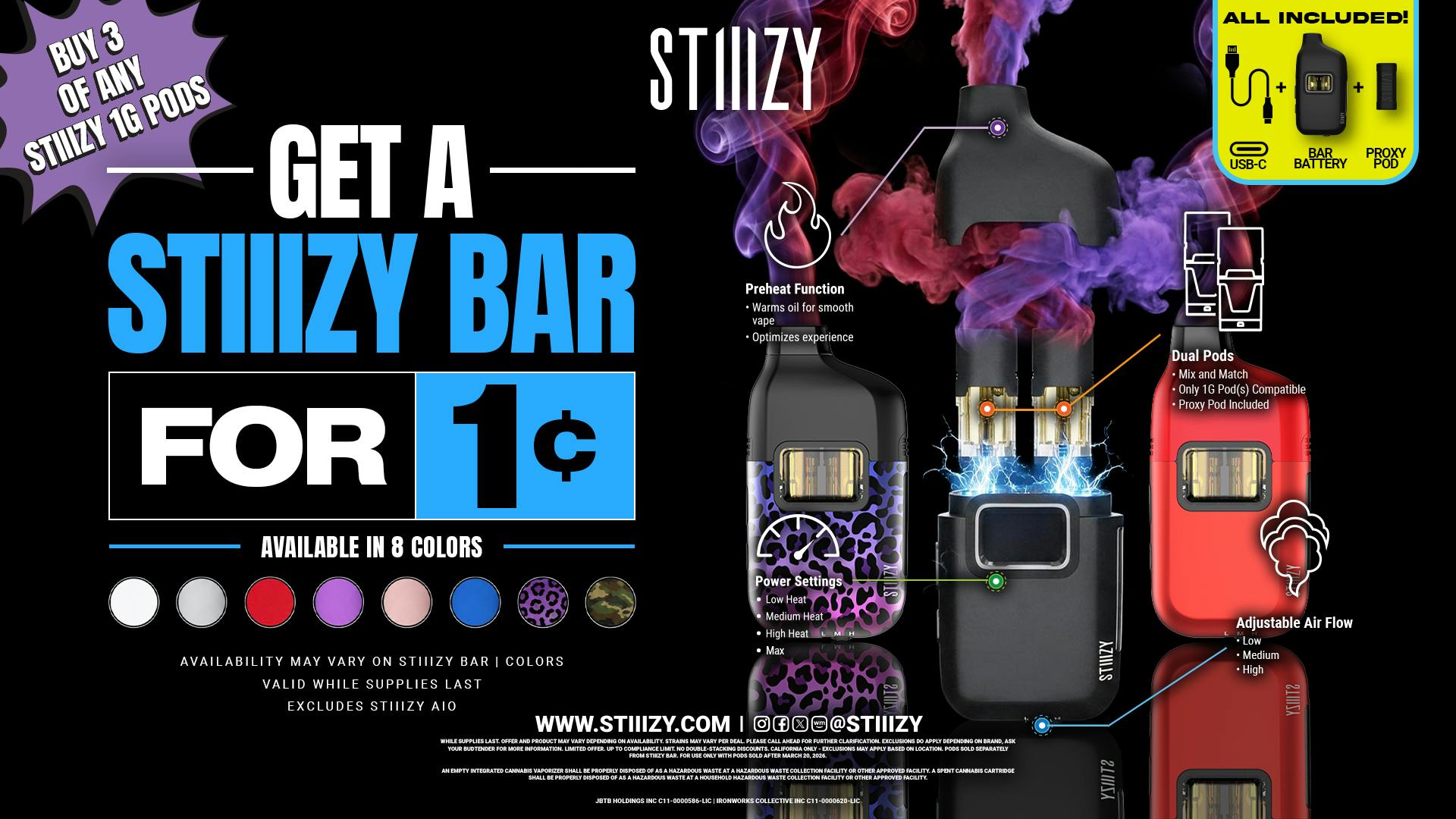 Coachella Greenery STIIIZY BUY 3 PODS 1G GET STIIIZY BAR BATTERY FREE