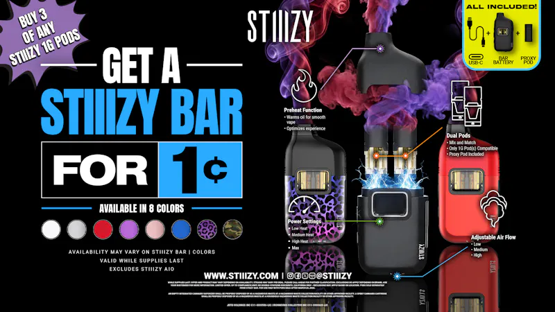 Coachella Greenery STIIIZY BUY 3 PODS 1G GET STIIIZY BAR BATTERY FREE