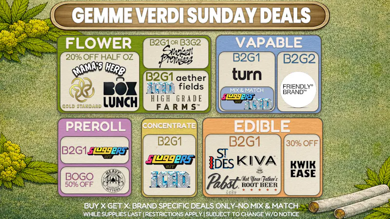 Gemme Verdi Sunday: 20% Off Half Ounces + B2G1s All Day