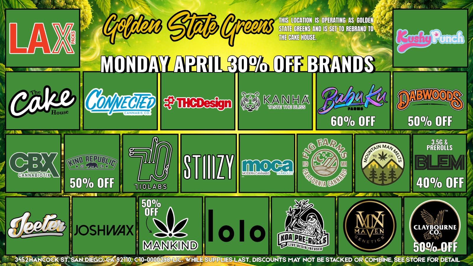 Golden State Greens Point Loma MONDAY -30% OFF SELECT BRANDS!
