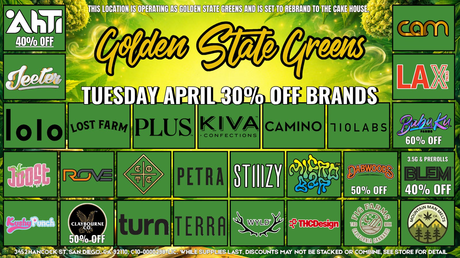 Golden State Greens Point Loma - Ocean Beach TUESDAY - 30% OFF SELECT BRANDS!