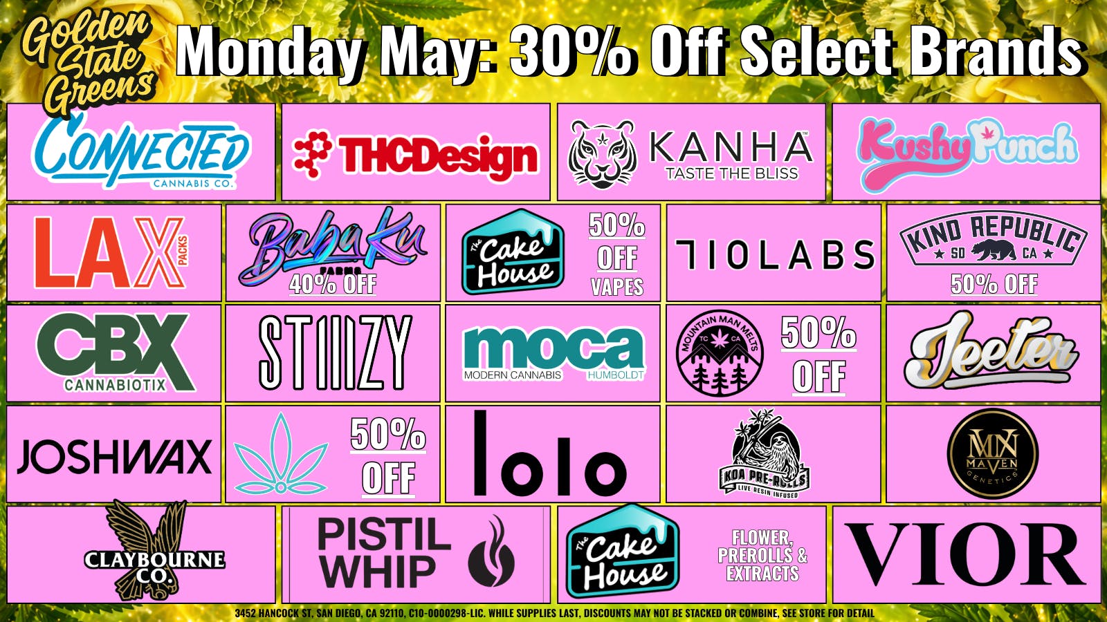 Golden State Greens Point Loma - Ocean Beach MONDAY -30% OFF SELECT BRANDS!