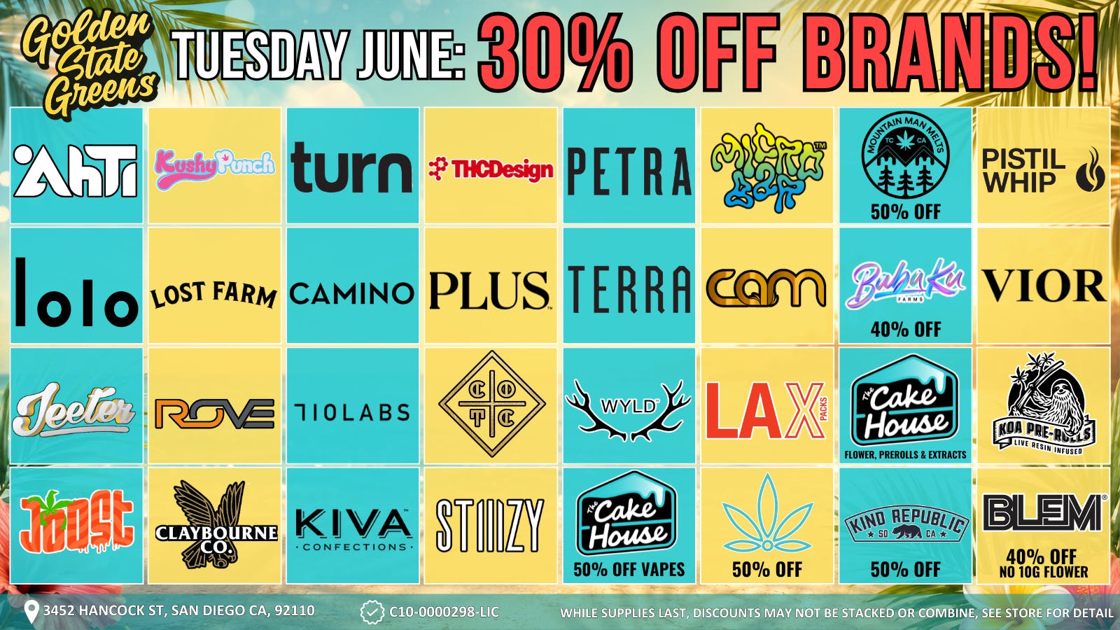Golden State Greens Point Loma - Ocean Beach TUESDAY - 30% OFF SELECT BRANDS!