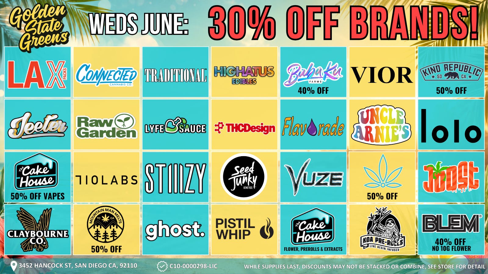 Golden State Greens Point Loma - Gaslamp WEDNESDAY - 30% OFF SELECT BRANDS!