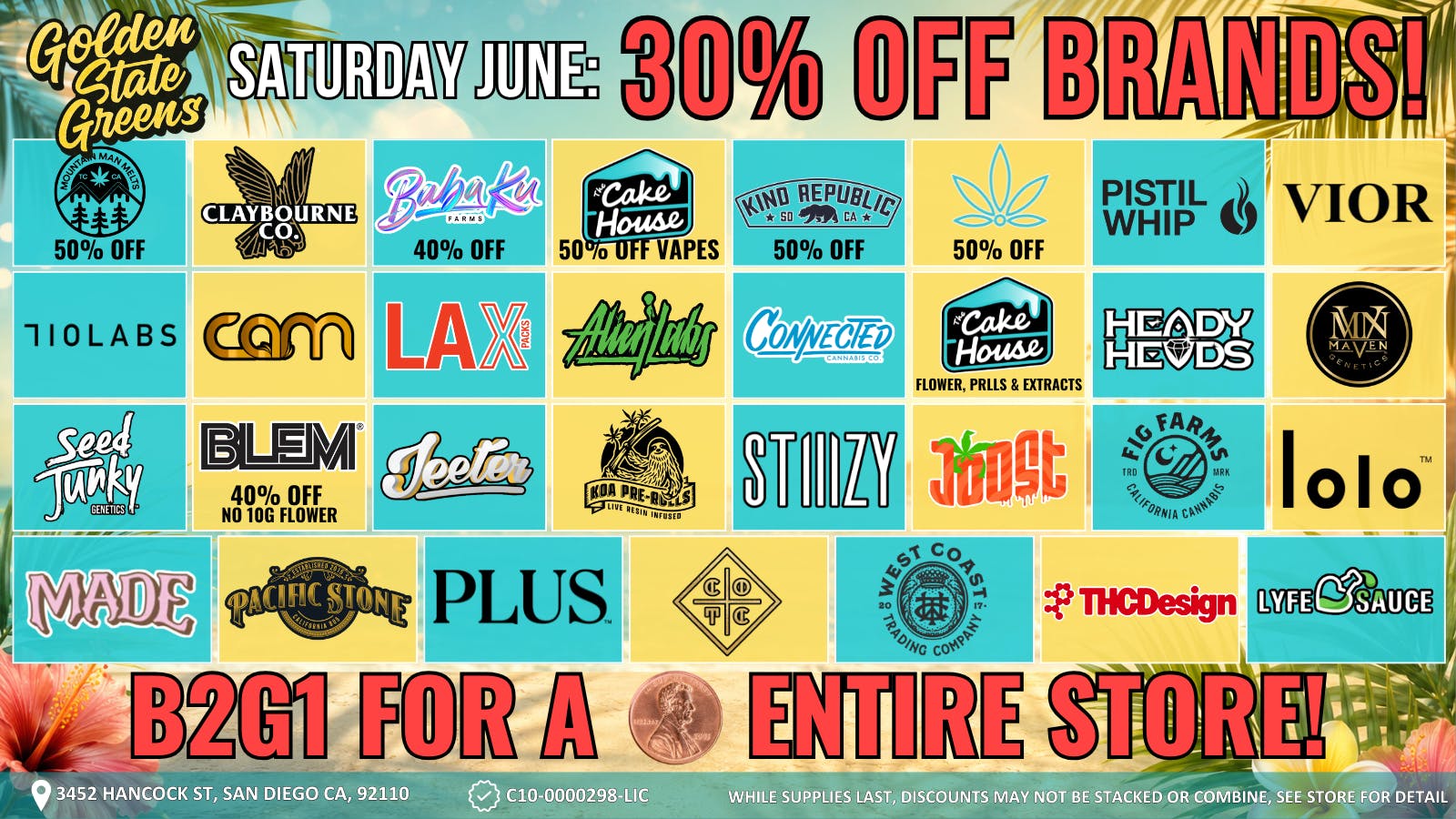 Golden State Greens Point Loma - Ocean Beach SATURDAY - BUY 2 GET 1 FOR $0.01!