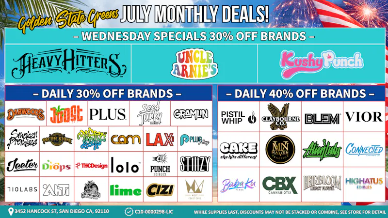 Golden State Greens Point Loma - Pacific Beach WEDNESDAY - 30% OFF SELECT BRANDS!