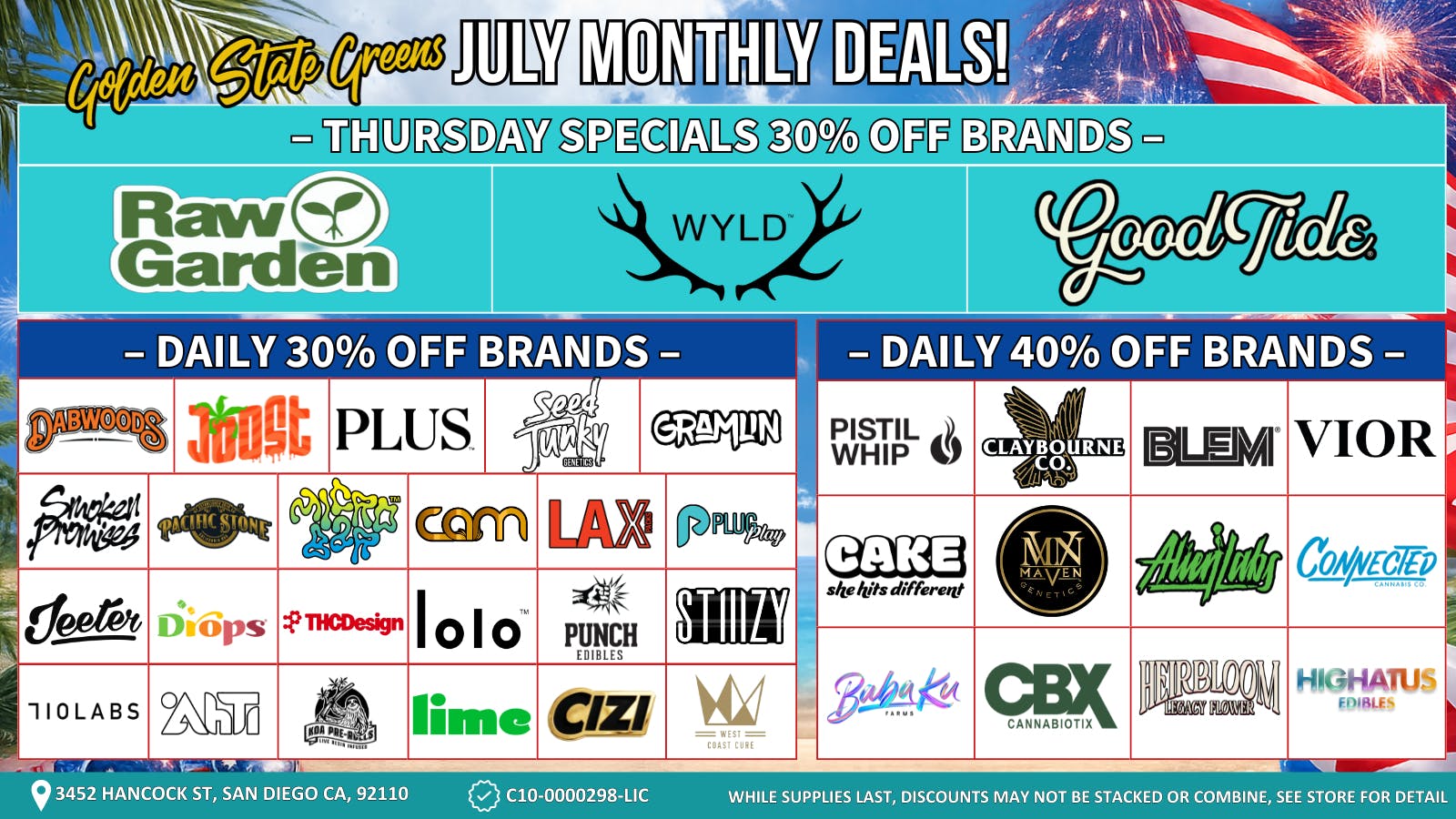 Golden State Greens Point Loma Thursday Specials 30% Off Brands!