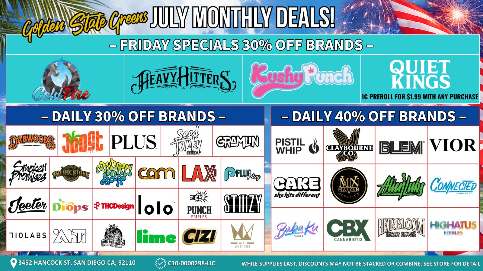 Golden State Greens Point Loma Friday Specials 30% Off Brands!