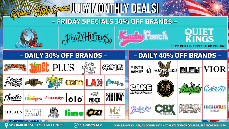 Golden State Greens Point Loma Friday Specials 30% Off Brands!