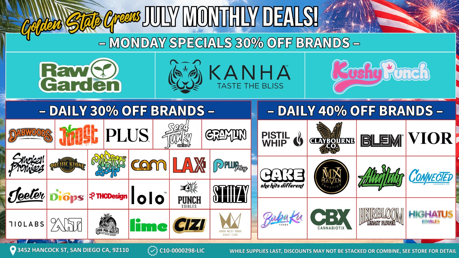 Golden State Greens Point Loma Monday Specials 30% Off Brands!