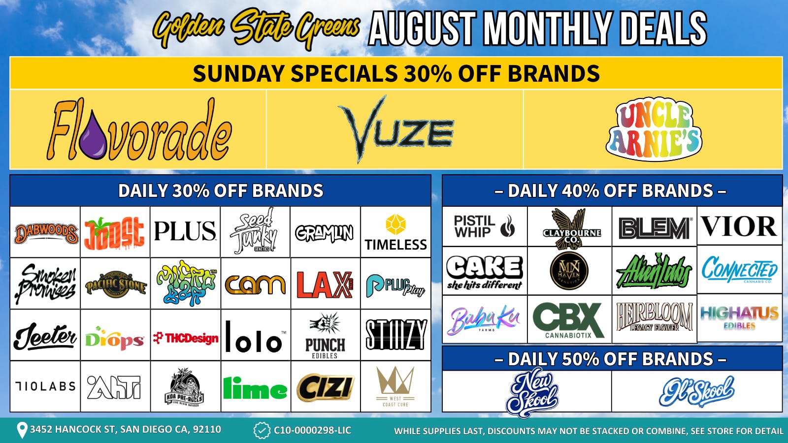 Golden State Greens Point Loma - Pacific Beach Sunday Specials 30% Off Brands!