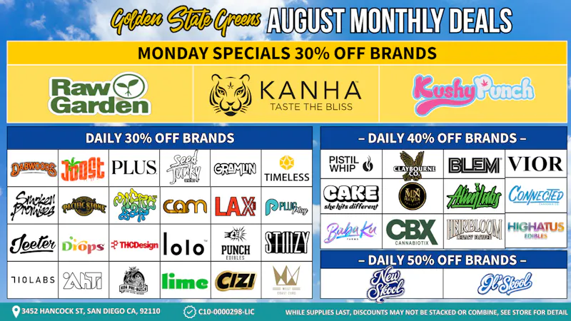 Golden State Greens Point Loma - Ocean Beach Monday Specials 30% Off Brands!
