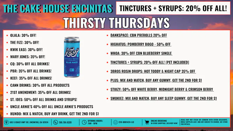 The Cake House - Encinitas Thirsty Thursdays + 40% OFF FTP!