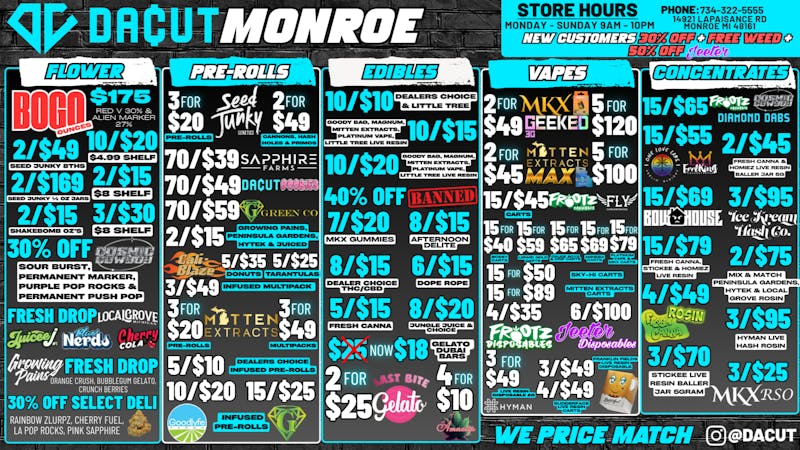 DACUT - Monroe 15/$55 DABS, 15/$45 CARTS, 10/$10 GUMMIES & MORE