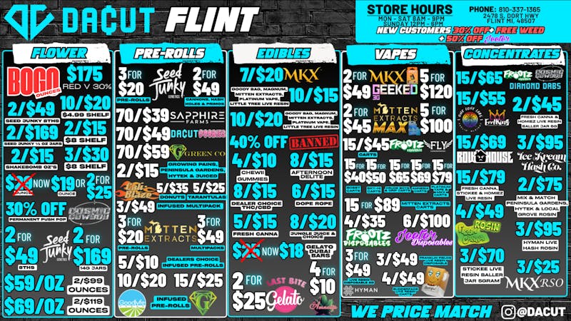 DACUT - FLINT BOGO OUNCES / 2/$15 SHAKE BOMBS / 15/$55 DABS