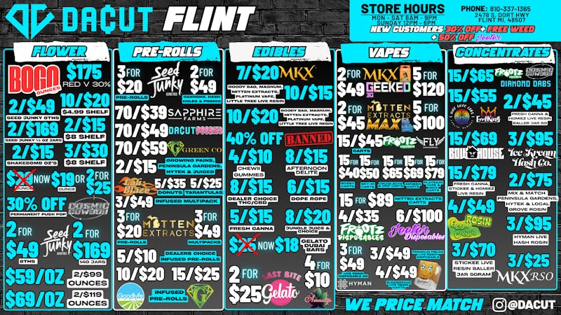 DACUT - FLINT 10/$15 Gummies, 2/$25 OZ's, 2/$45 Baller Jars 5g