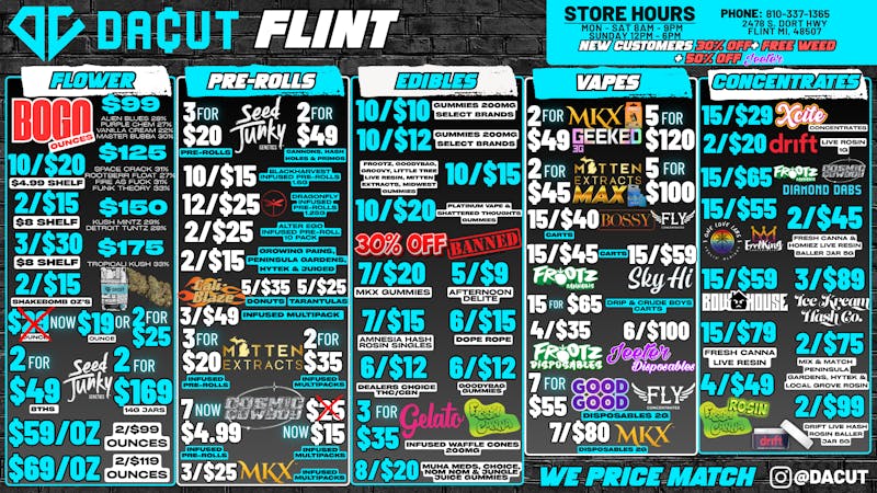 DACUT - FLINT BOGO Ounces, 15/$29 Concentrate, 10/$10 Gummies