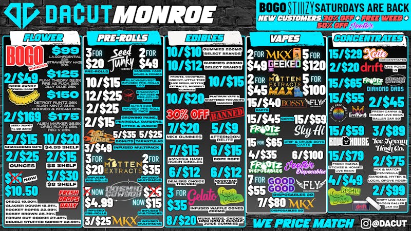 DACUT - Monroe 15/$55 Dabs / BOGO OZ/ 70/$39 Pre-Rolls + more