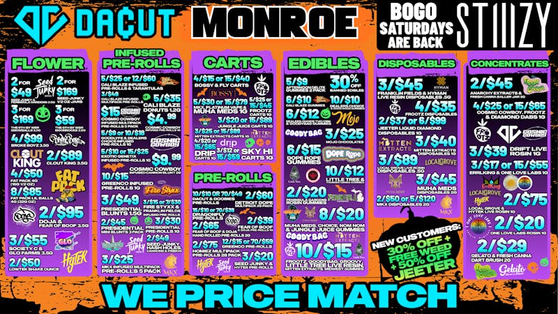 DACUT - Monroe 10/$10 Gummies, 15/$40 Carts, 15/$65 Dabs + MORE