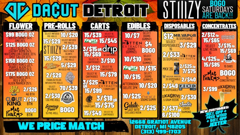 DACUT Bogo Ounces, 10/$7 Gummies, 15/$45 Cartridges