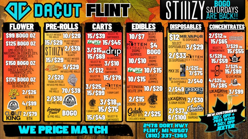 DACUT - FLINT Bogo Ounces, 10/$7 Gummies, 15/$45 Cartridges