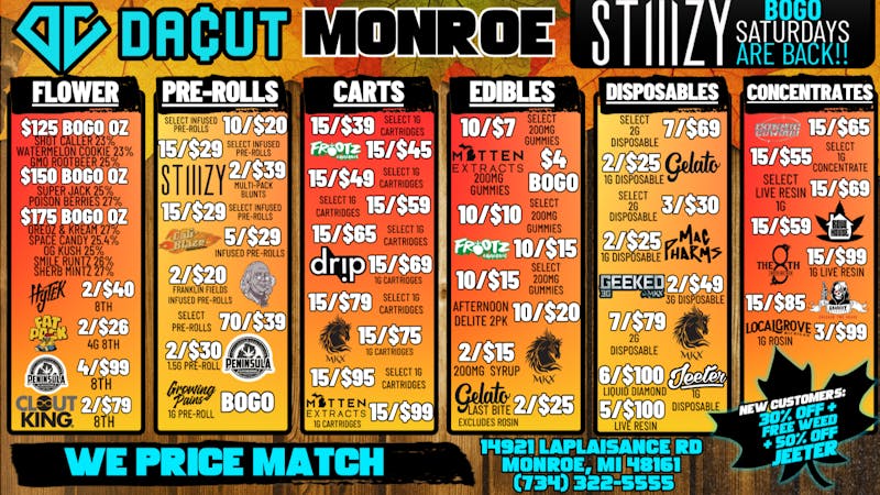 DACUT - Monroe Bogo Ounces, 10/$7 Gummies, 15/$45 Cartridges