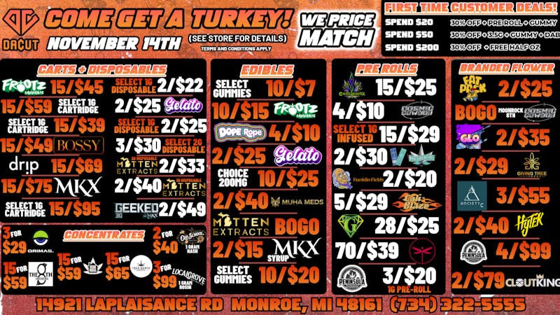 DACUT - Monroe 10/$7 Gummies, 70/$39 Pre-rolls, 15/$45 cartridges