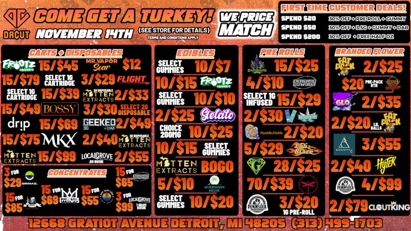 DACUT 10/$7 Gummies, 70/$39 Pre-rolls, 15/$45 cartridges