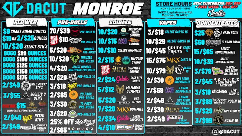 DACUT - Monroe $60 10g Rosin, 2/$25 Oz's, 70/$39 Pre-Rolls +more