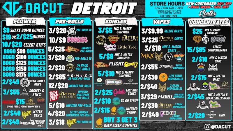 DACUT 10/$9 Pre-Rolls, 3/$9.99 Carts, 10/$20 8th's +MORE