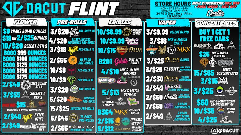 DACUT - FLINT 3/$9.99 CARTS, 3/$15 DABS, 10/$6.99 GUMMIES +MORE