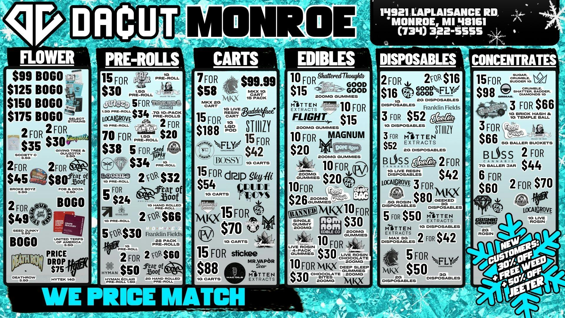 DACUT - Monroe BOGO OZ, 2/$16 Disposables, 15/$42 Carts + More