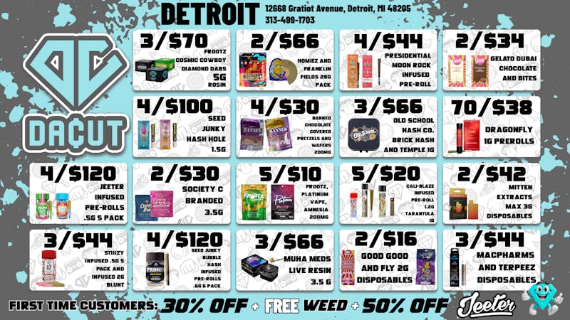 DACUT 2/$30 Society C eighths and 5/$10 gummies