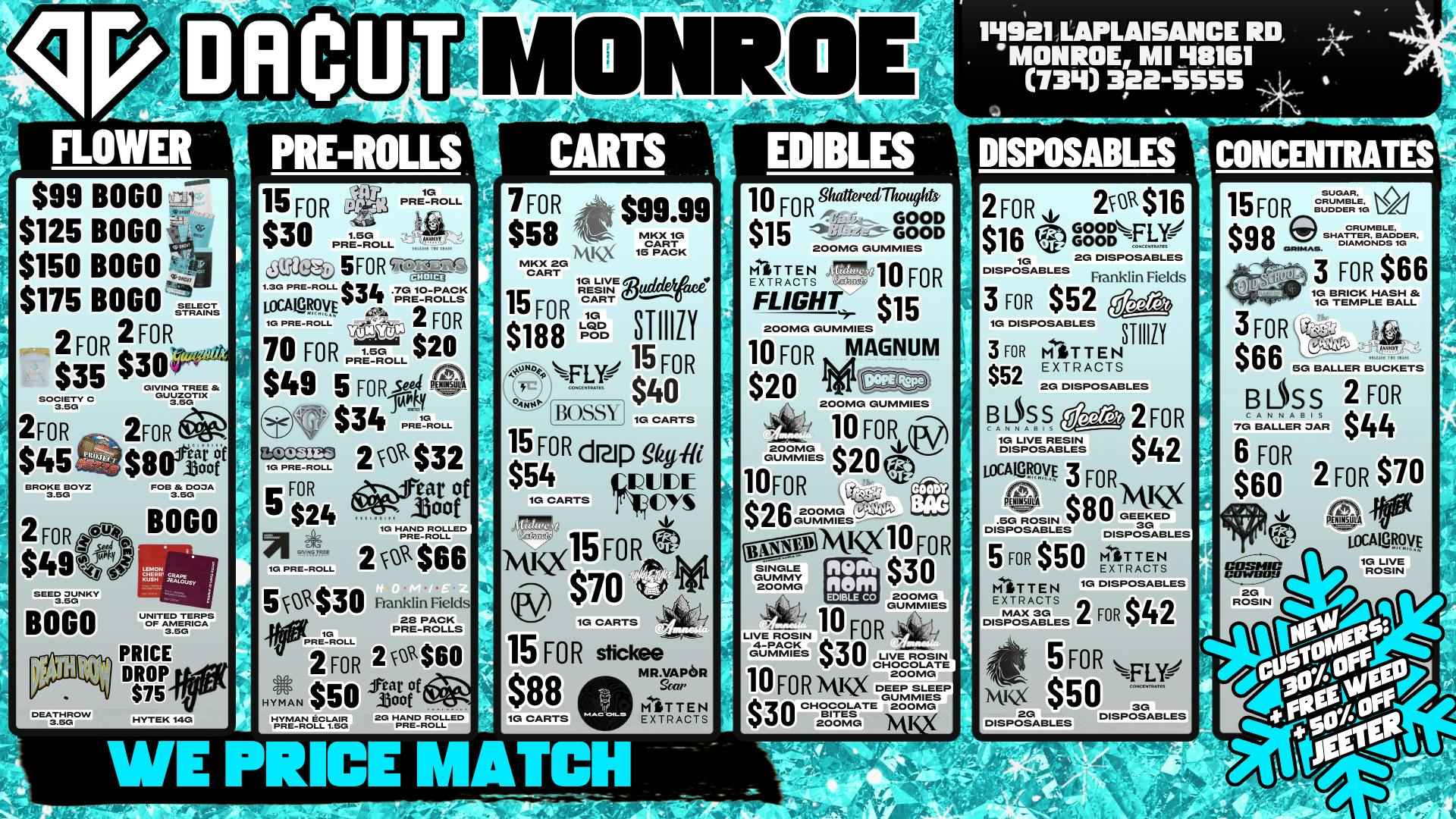 DACUT - Monroe 70/$49 Pre-rolls, 15/$40 Carts