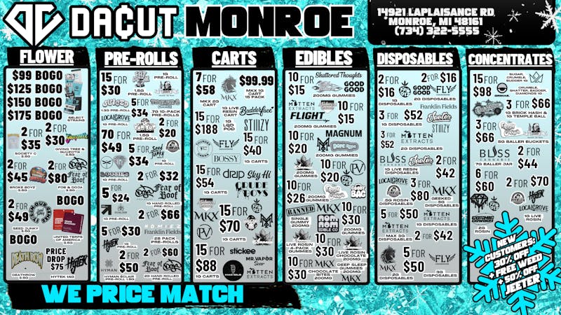 DACUT - Monroe 70/$49 Pre-rolls, 15/$40 Carts