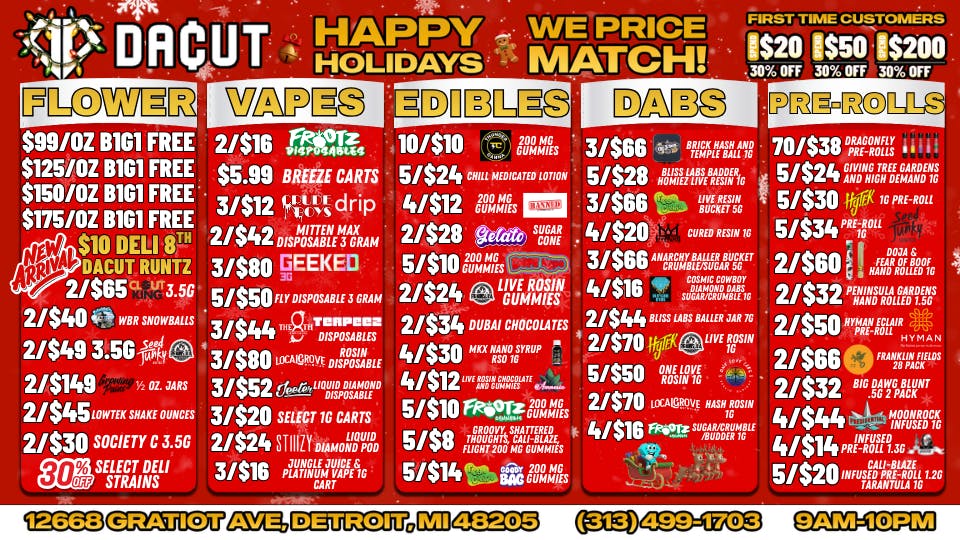 DACUT 70/$49 pre-rolls, BOGO Ounces, 5/$8 gummies