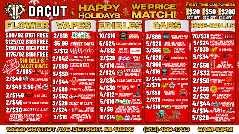 DACUT 70/$49 pre-rolls, BOGO Ounces, 5/$8 gummies