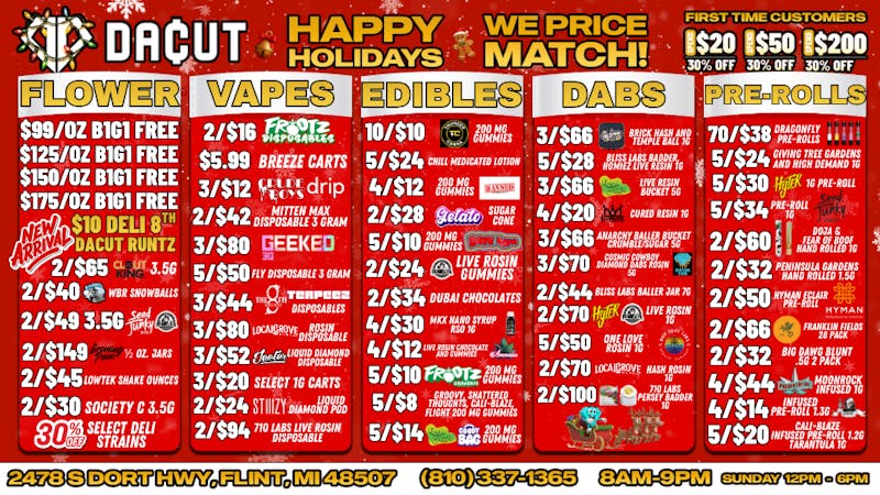 DACUT - FLINT 70/$49 pre-rolls, BOGO Ounces, 5/$8 gummies