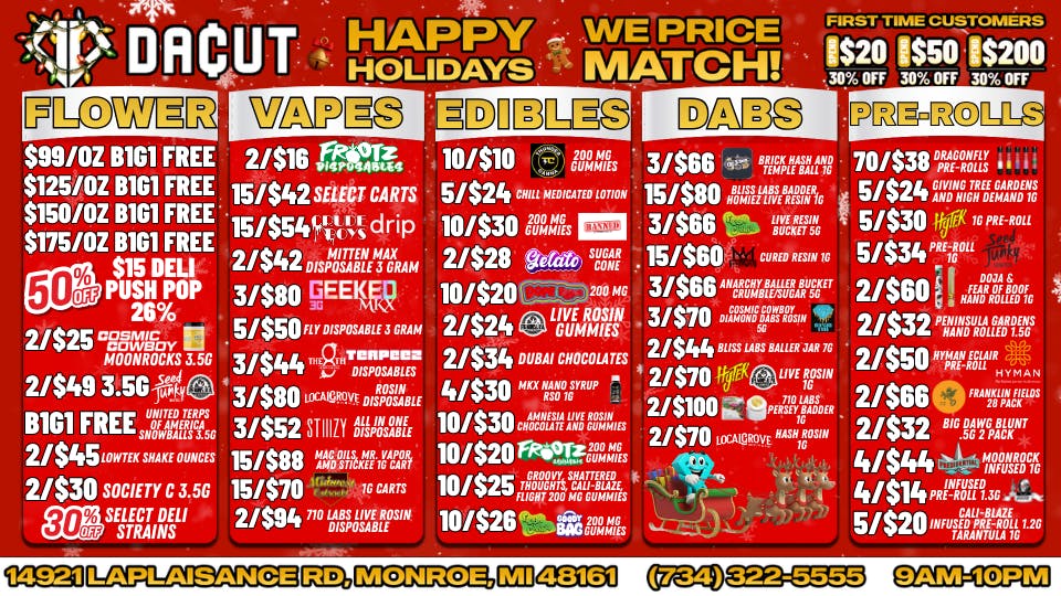 DACUT - Monroe 5/$24 Pre-rolls, BOGO Ounces, and 10/$10 Edibles