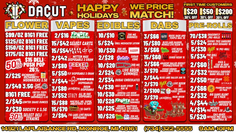DACUT - Monroe 5/$24 Pre-rolls, BOGO Ounces, and 10/$10 Edibles