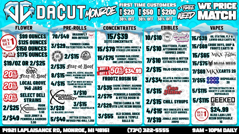 DACUT - Monroe BOGO Ounces, 15$39 Carts, 15/$35 Dabs + MORE