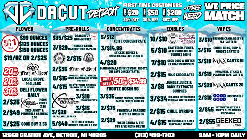 DACUT BOGO Ounces,10/$10 Gummies,3/$10 Carts,4/$20 Dabs!